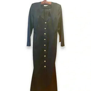 Vintage VICTOR COSTA Black Long Sleeve Embellished Buttons Evening Dress